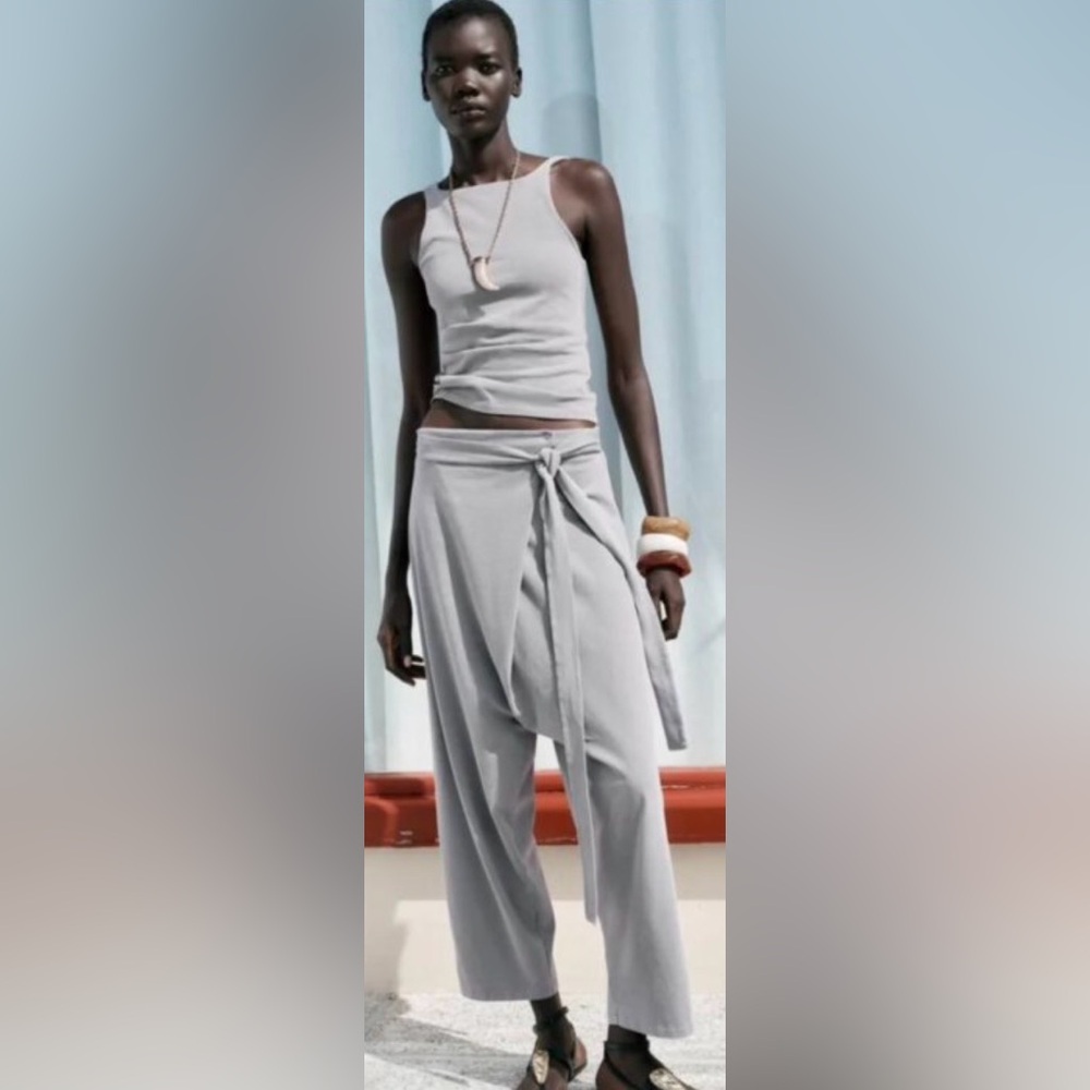 Zara Women’s Gray 2-Piece Set with Asymmetrical Tie-Front Pants and Tank SZ XL